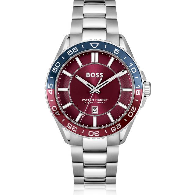 Silver-tone watch with red dial and rotating bezel