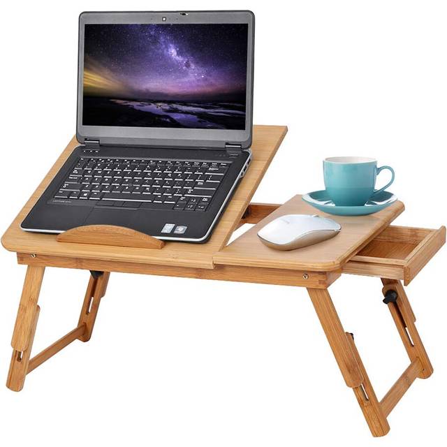 Portable Laptop Tray, Folding Adjustable Laptop Stand Foldable Rack Shelf Dormitory Bed Lap Desk with Hole Cooling Light & Drawer, Book Reading Tray
