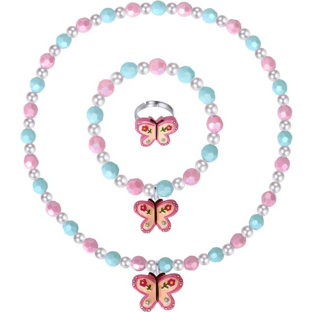Girls Colorful Butterfly Jewelry Set - Toddler Butterfly Necklace Girls Pretend Plasy Toy Jewelry Box Set with Bead Necklace  Bracelet and Ring - Play