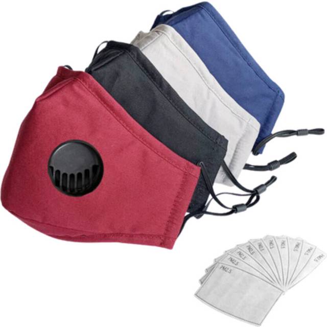 (Four Colors) Pack 4 Face Cotton Mask With Breathable Valve, Activated Carbon Filter 10pcs