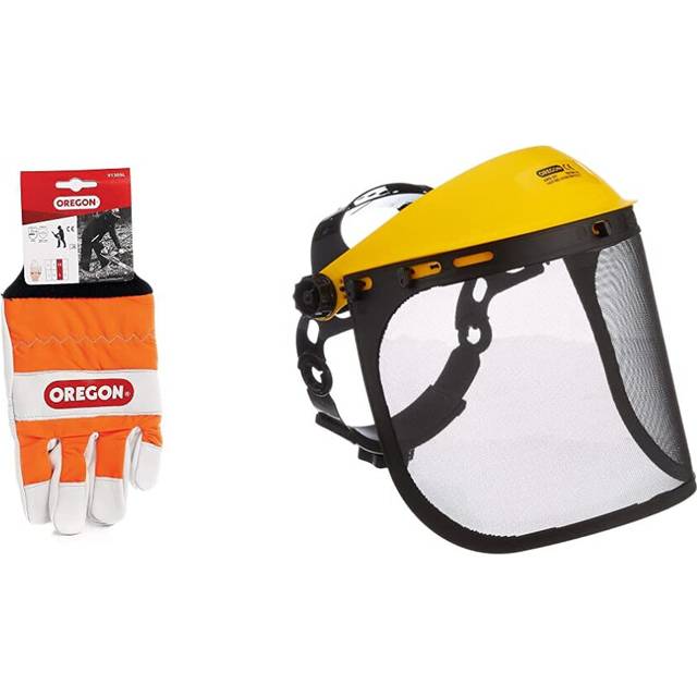 OREGON Chainsaw Left-Hand Protection Leather Gloves ? Large (Size 10) (91305L) & Q515064 Browguard and Steel Mesh Visor Combination
