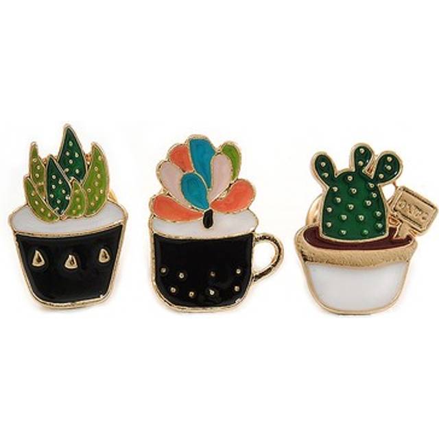 3 pcs funky enamel cactus, grass, aloe vera potted plant brooch set for