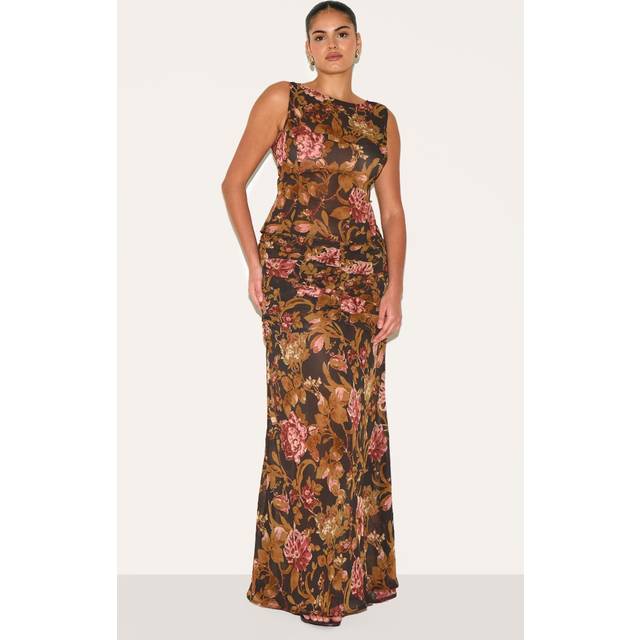 Plus Black Floral Printed Chiffon Ruched Detail Maxi Skirt, Dark Plum - 18
