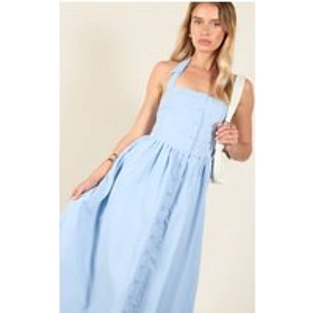 Blue Woven Button Collar Midaxi Dress, Blue - 12