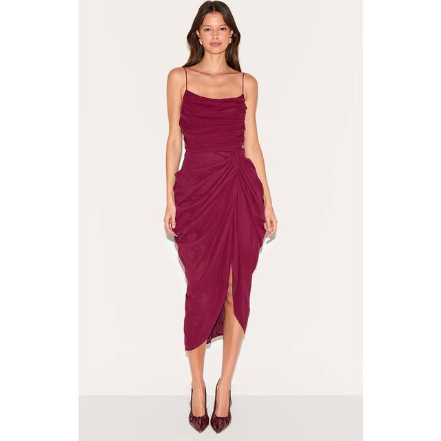 Wine Chiffon Ruched Drape Midi Dress, Red - 12