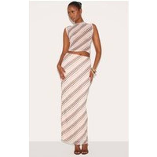 Brown Sheer Striped Chiffon Maxi Skirt, Brown - 4
