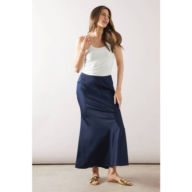 Womens Satin Bias Cut Midi Skirt - Navy - 12