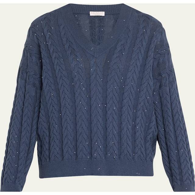 Cotton Double Cable-Knit V-Neck Sweater With Micro Pailettes - OCEAN BLUE - XX-Large