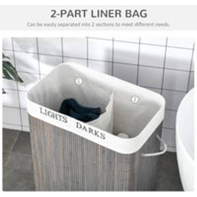 Homcom 100l Laundry Basket With Flip Lid String Handles, 2 Section Collapsible Hamper Removable Lining Foldable Water-resistant Dirty Clothes Storage