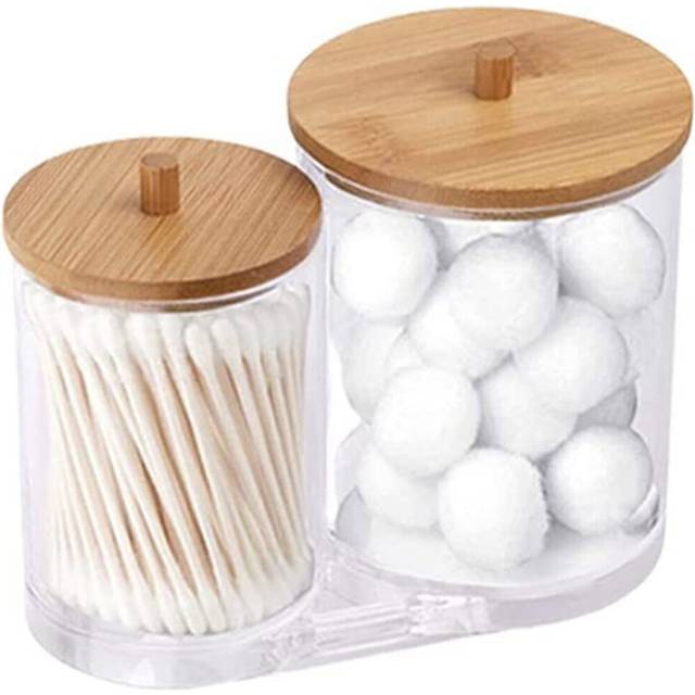 Cotton Swab Pads Holder with Bamboo Lids, Acrylic Qtip Holder Ball Dispenser Cotton Round Pad