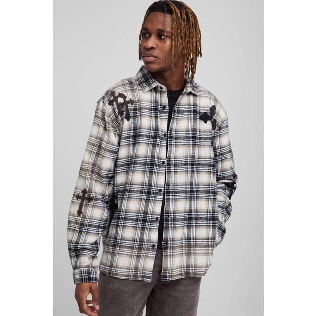 Tall Oversized Cross Applique Bleached Check Shirt - Red - M