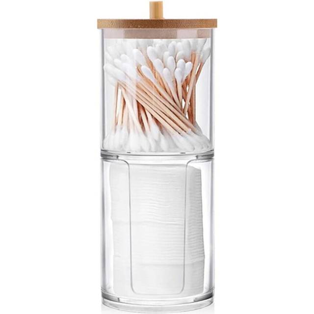Qtip Holder Dispenser with Cotton Pads Jar Set Bamboo Lid Stackable Bathroom Counter Acrylic Organizer to Storage Cotton Ball Cotton Swab