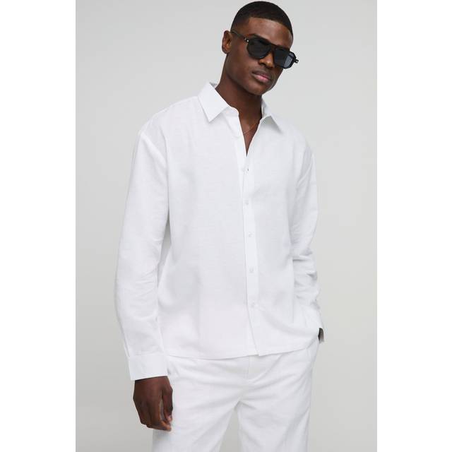 Oversized Long Sleeve Collared Linen Blend Shirt - White - M