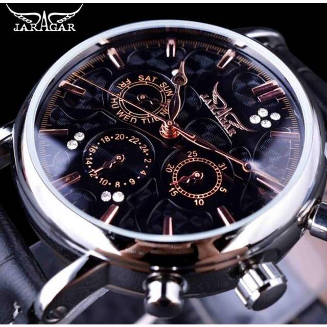 (white,gold) Jaragar Brand Men Automatic Self Wind Mechanical Watch White 3 Dials Calendar Blue Hands Simple Business Leather Band Wristwatch