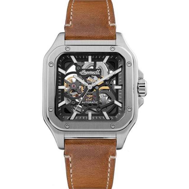 Ingersoll Men's Automatic Black Square Skeleton Dial Brown Leather Strap Watch