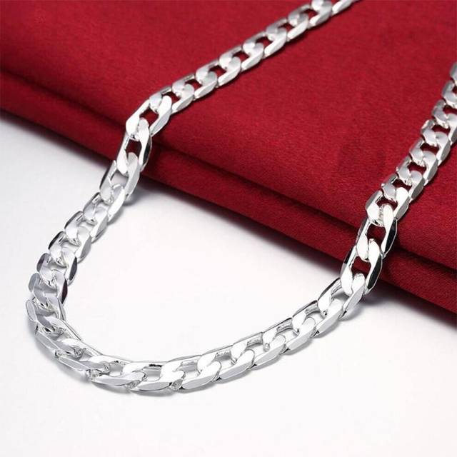 (silver, 45cm) S925 Sterling Silver 16/18/20/22/24 Inch 8mm Flat Sideways Figaro Chain Necklace For Woman Man Fashion Wedding Jewelry