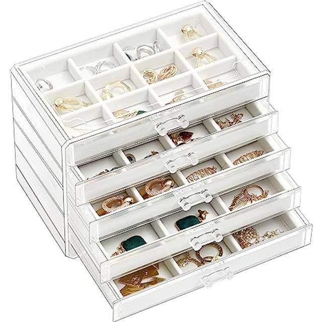 ProCase Earring Holder Organizer Jewelry Box with 5 Drawers Acrylic Clear Earring Case with Adjustable Velvet Trays for Women - Warmwhite 5 Layers