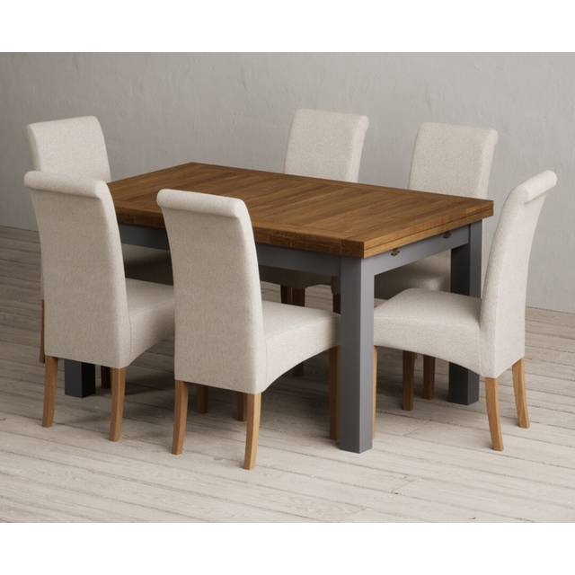 Extending Buxton 140cm Oak and Charcoal Grey Painted Dining Table with 6 Charcoal Grey Scroll Back Chairs
