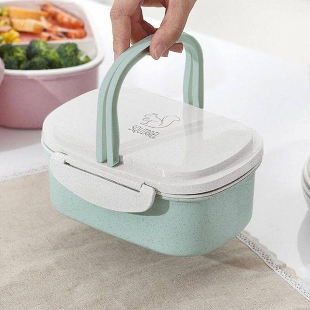 (green) Lunch Box Portable Picnic Wheat Straw Microwave Bento Food Snack Fruit Storage Container