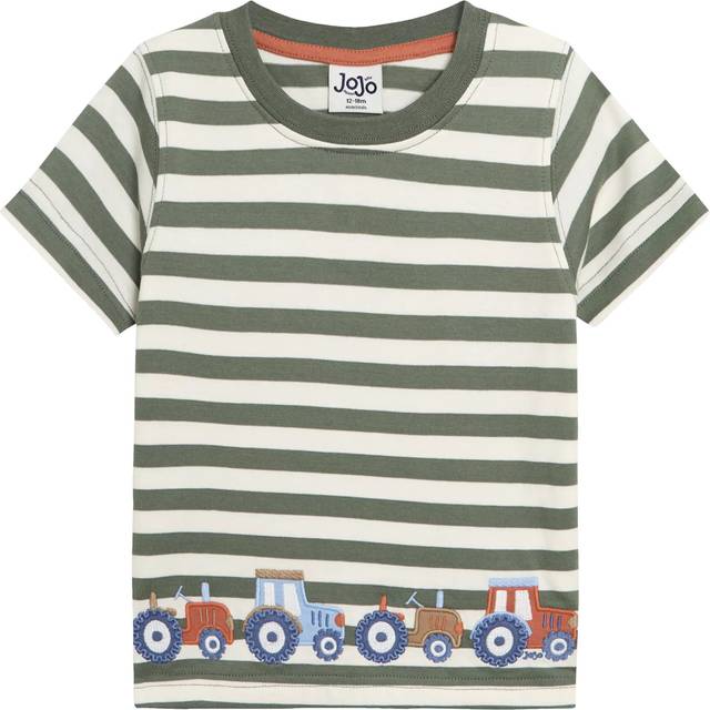 JoJo Maman Bébé Kids' Cotton Stripe Tractor Applique T-Shirt, Khaki