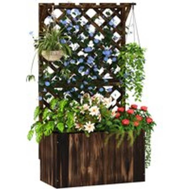 Outsunny Wooden Planter with Trellis, Freestanding Raised Garden Bed with Drainage Holes, Outdoor Planter Box with Liner for Vegetables, Herbs and Flowers, Carbonised