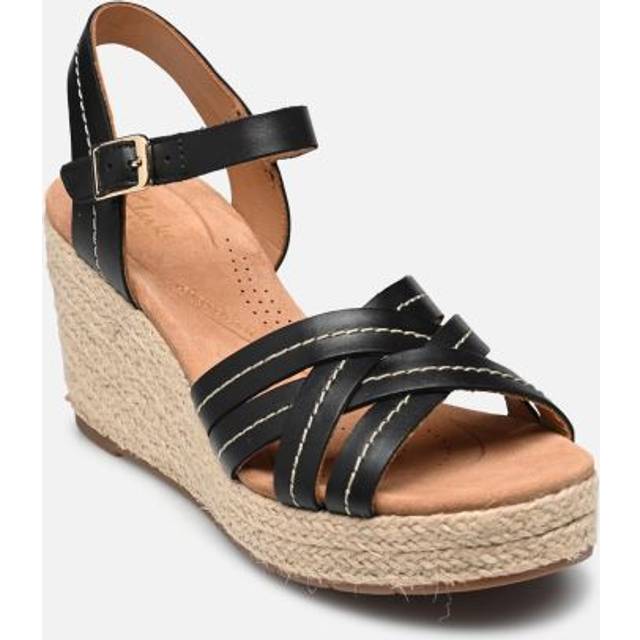 Sabina Strap Black Leather Wedges - 4-Standard Fit