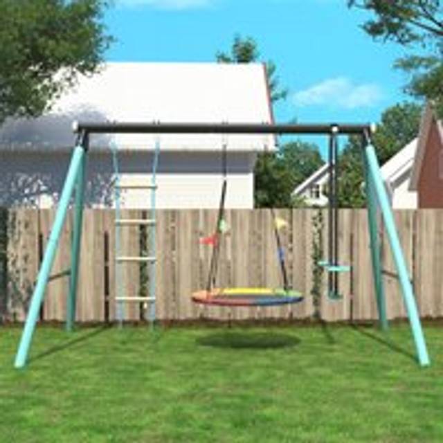 Abrihome - Kids Swing Swing Seesaw set with Metal Frame, Seesaw Height Adjustable, Climbing Ladder & Climbing Net, Backyard Playground Outdoor Play