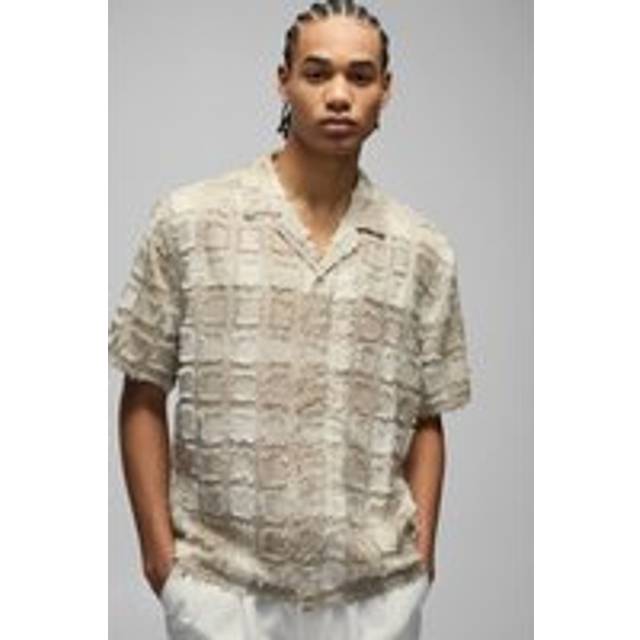 Oversized Tufted Texture Zip Up Shirt - Beige - XS