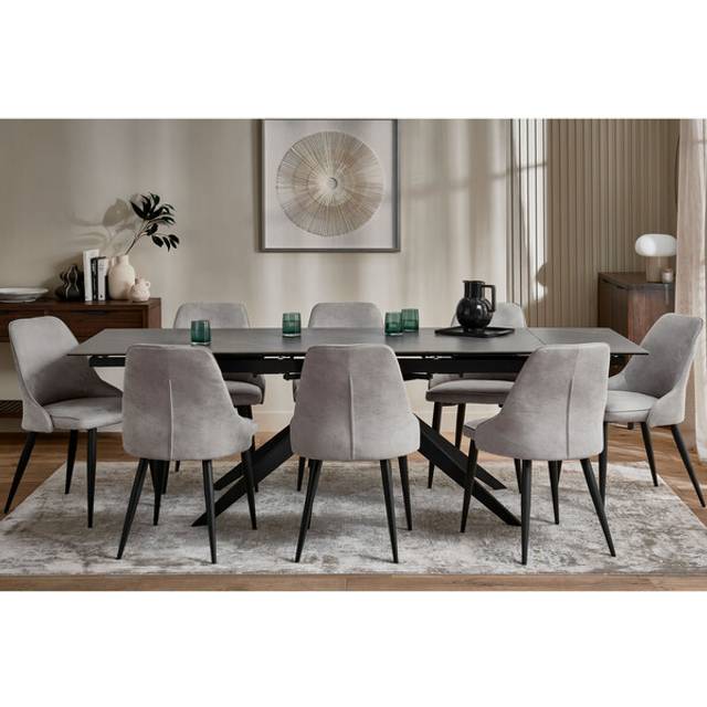 Trento Grey Ceramic Extending Dining Table + 8 Aria Dining Chairs in Light Grey with Black Metal Legs - Oak Furnitureland