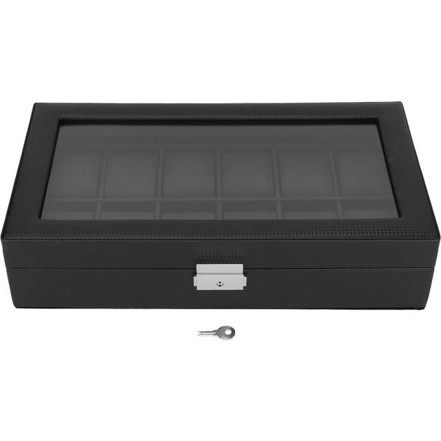 Watch Organizer 12 Slots Black Carbon Fiber Texture Thickened Acrylic Cover Watch Display Case