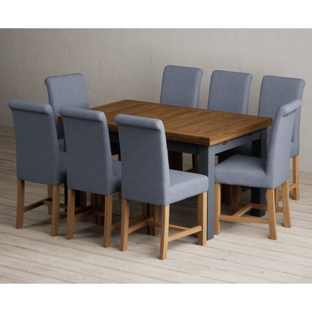 Extending Buxton 140cm Oak and Dark Blue Painted Dining Table with 6 Charcoal Grey Scroll Back Chairs - Oak and Blue