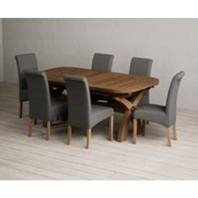 Extending Olympia 180cm Rustic Solid Oak Dining Table with 6 Grey Scroll Back Chairs