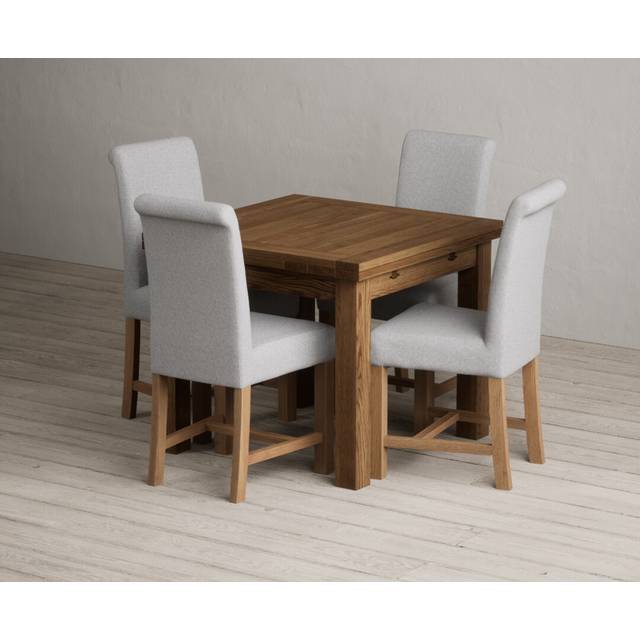 Extending Buxton 90cm Rustic Solid Oak Dining Table with 4 Grey Scroll Back Chairs