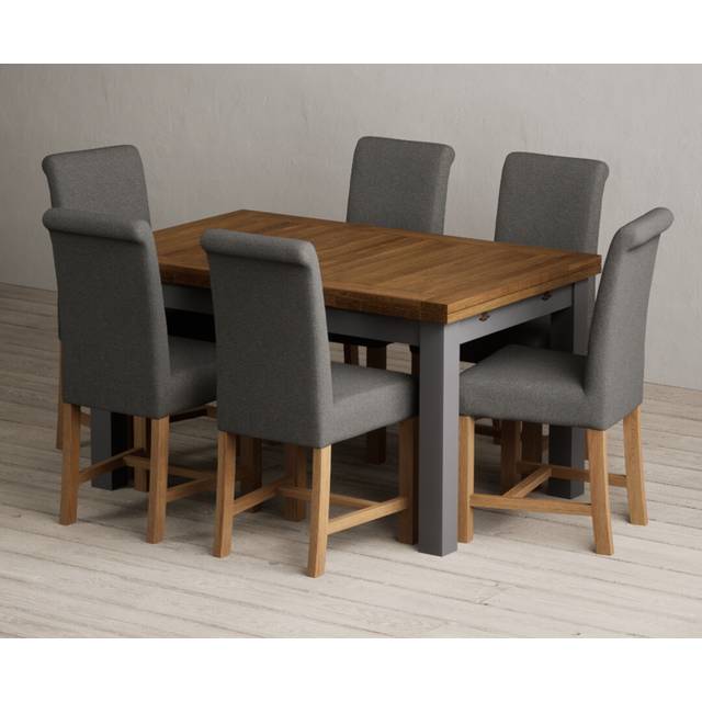 Extending Buxton 140cm Oak and Charcoal Grey Painted Dining Table with 6 Brown Scroll Back Chairs