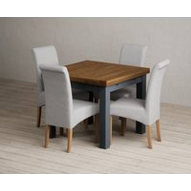 Extending Buxton 90cm Oak and Dark Blue Painted Dining Table with 4 Grey Scroll Back Chairs - Oak and Blue