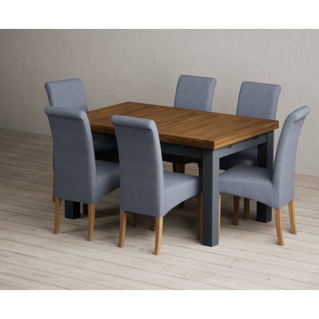 Extending Buxton 140cm Oak and Dark Blue Painted Dining Table with 6 Charcoal Grey Scroll Back Chairs - Oak and Blue
