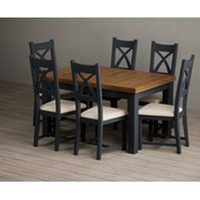 Extending Buxton 140cm Oak and Dark Blue Painted Dining Table with 6 Light Grey Painted Chairs - Oak and Blue