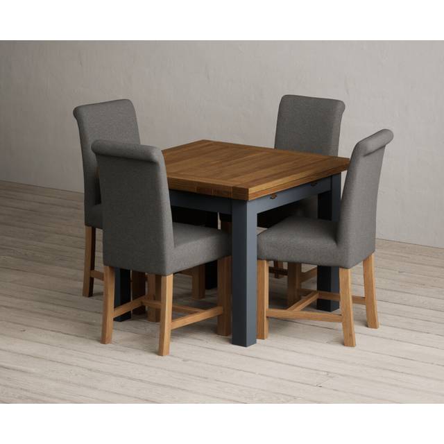 Extending Buxton 90cm Oak and Dark Blue Painted Dining Table with 4 Brown Scroll Back Chairs - Oak and Blue