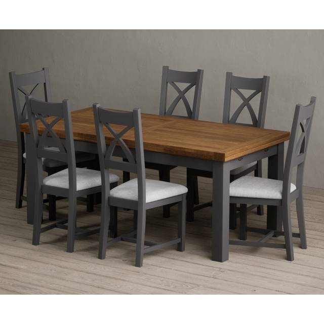 Extending Buxton 180cm Oak and Charcoal Grey Painted Dining Table with 6 Charcoal Grey Painted Chairs