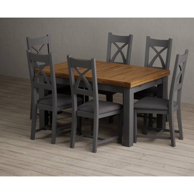 Extending Buxton 140cm Oak and Charcoal Grey Painted Dining Table with 6 Linen Painted Chairs