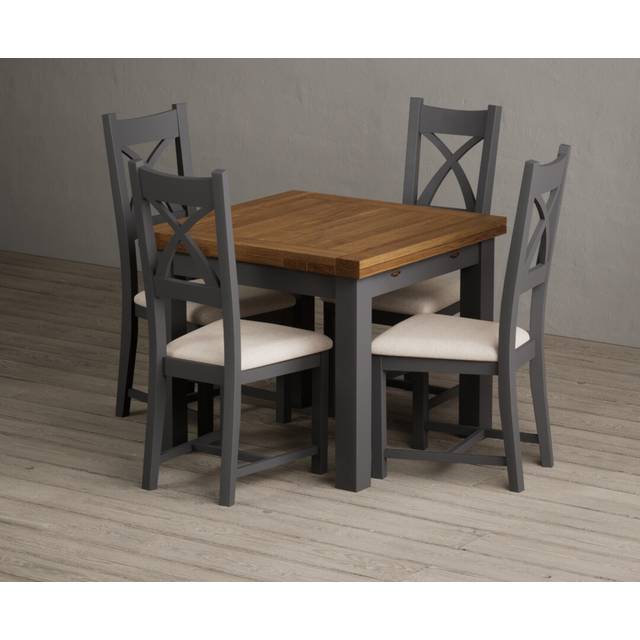 Extending Buxton 90cm Oak and Charcoal Grey Painted Dining Table with 4 Linen Painted Chairs