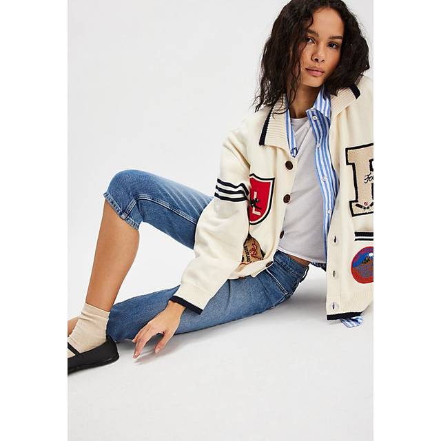 Found York Varsity Patch Collared Cardigan in White, Size: Small