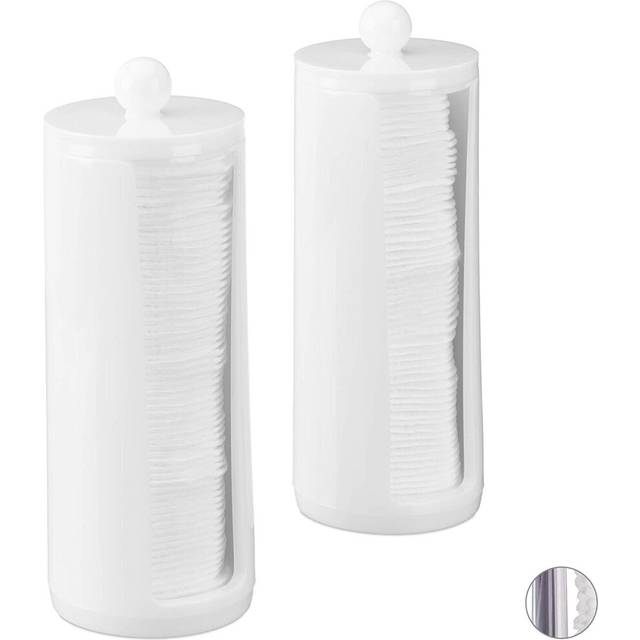 Relaxdays Cotton Pad Storage Tower Set of 2, Acrylic, Round, Lidded Bathroom Dispenser, 20x7 cm, White, 20 x 7 x 7cm