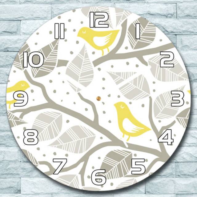 Glass wall clock round fi 30 birds on branch white bedroom decor