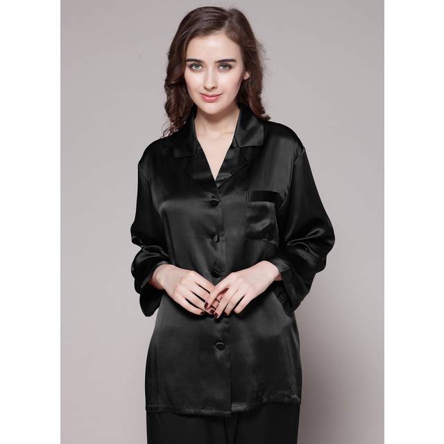 LILYSILK Womens Black Silk Pyjamas UK Pure Silk Ultra-Soft Long Sleeve Pj Sets L