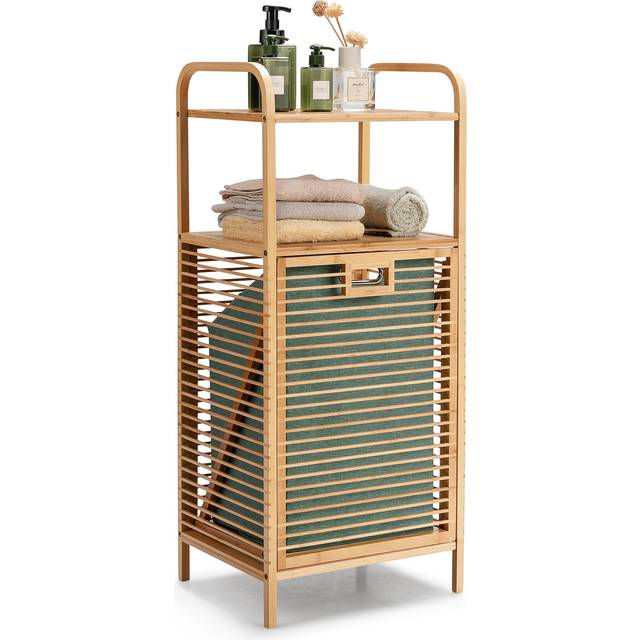 Meuble Salle de Bain avec Panier à Linge Basculant et 2 Etagères de Rangement, Doublure Oxford Amovible, pour Salle de Bain, Salon, Cuisine en Bambou