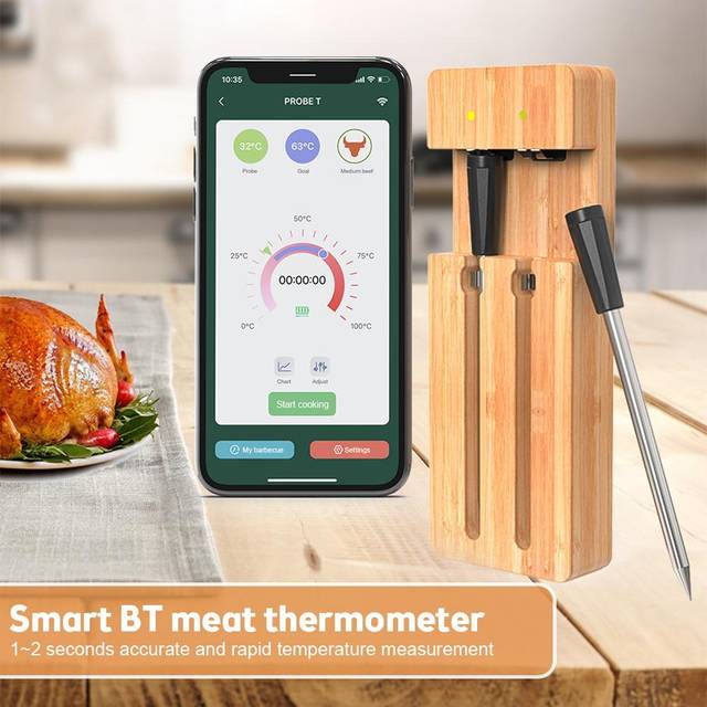 Smart trådlös kötttermometer 98FT Wireless Range BT kötttermometer med 2 sonder Smart APP brun