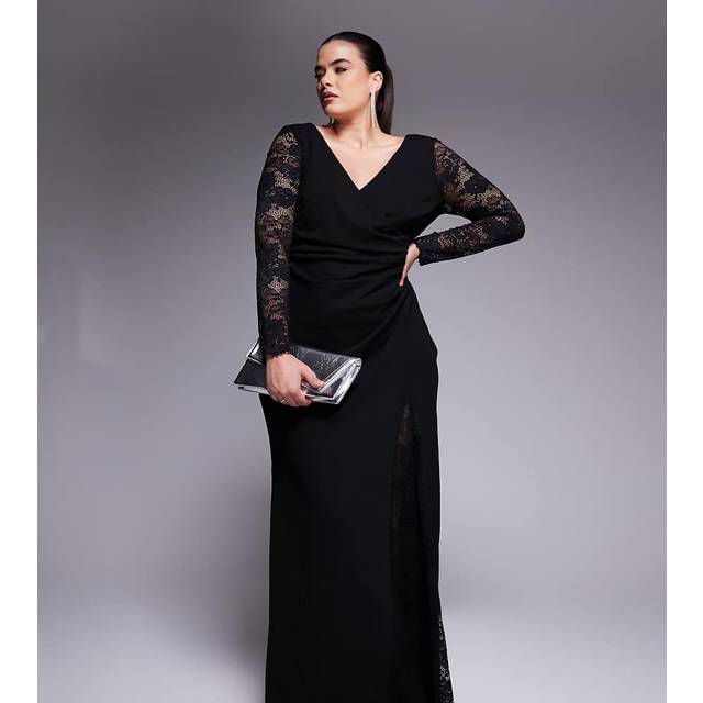 Scuba & Lace Wrap Maxi Dress - Black by Goddiva Plus - 26