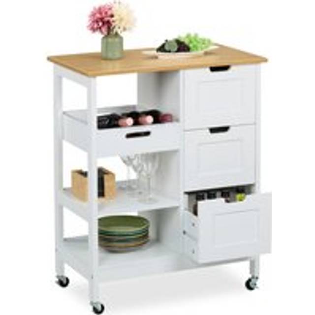 Kitchen Island Cart, Countertop, 3 Drawers, 3 Shelves, 85 x 68.5 x 38.5 cm, Rolling Trolley, White/Natural - Relaxdays