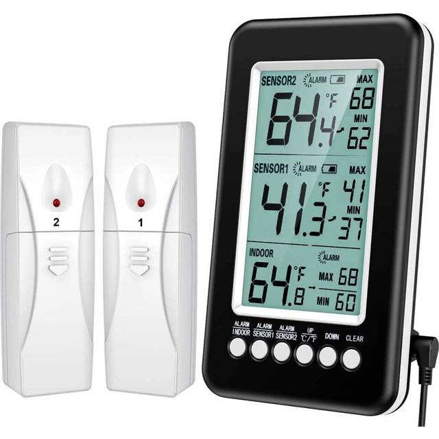 (Upgraded Version)  Refrigerator Thermometer, Wireless Digital Freezer Thermometer with 2 Sensors, Indoor Outdoor